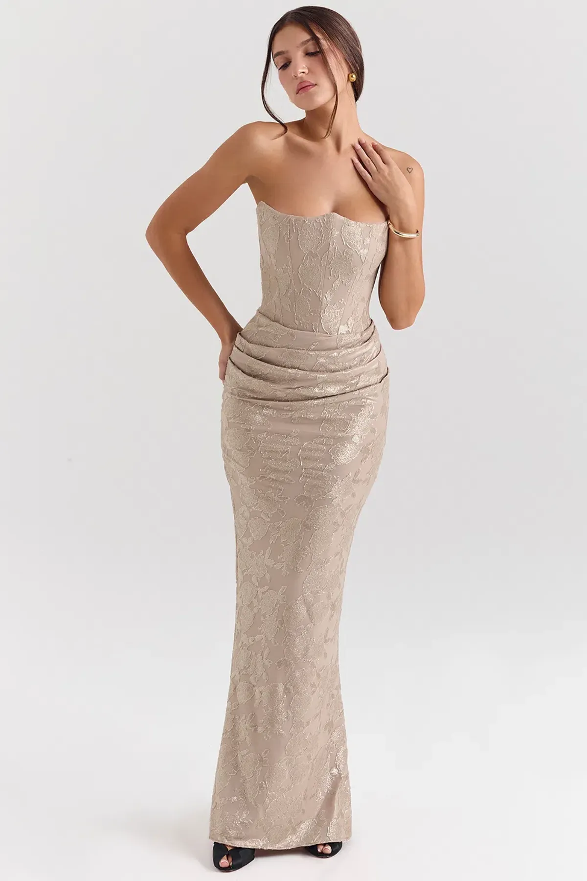House of CB Persephone Chiffon Mesh Strapless Corset Maxi Dress Pale Gold Size S / AU 8 - Image 2
