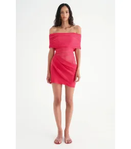 Benni Nico Off Shoulder Mini Dress Watermelon Size AU 6  for rent on The Volte - image 1