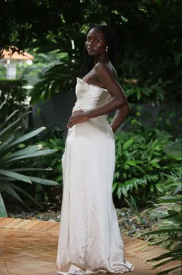 Larissa Satin Maxi Dress With Ruched Petals - Champagne MESHKI for rent on The Volte - image 7