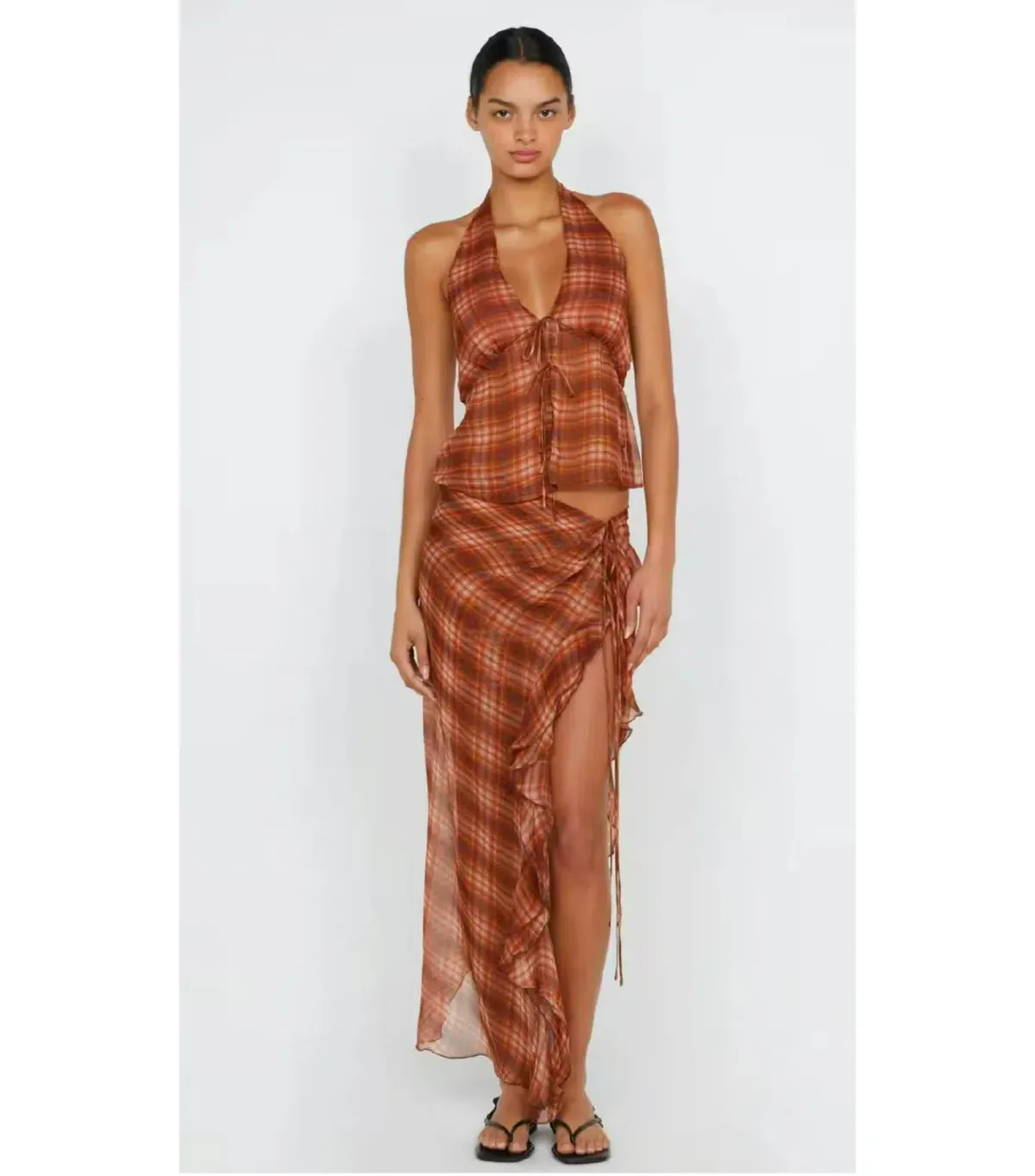 Bec And Bridge Devi Halter Top and Skirt Set in Desert Check Size AU 8 - Image 1