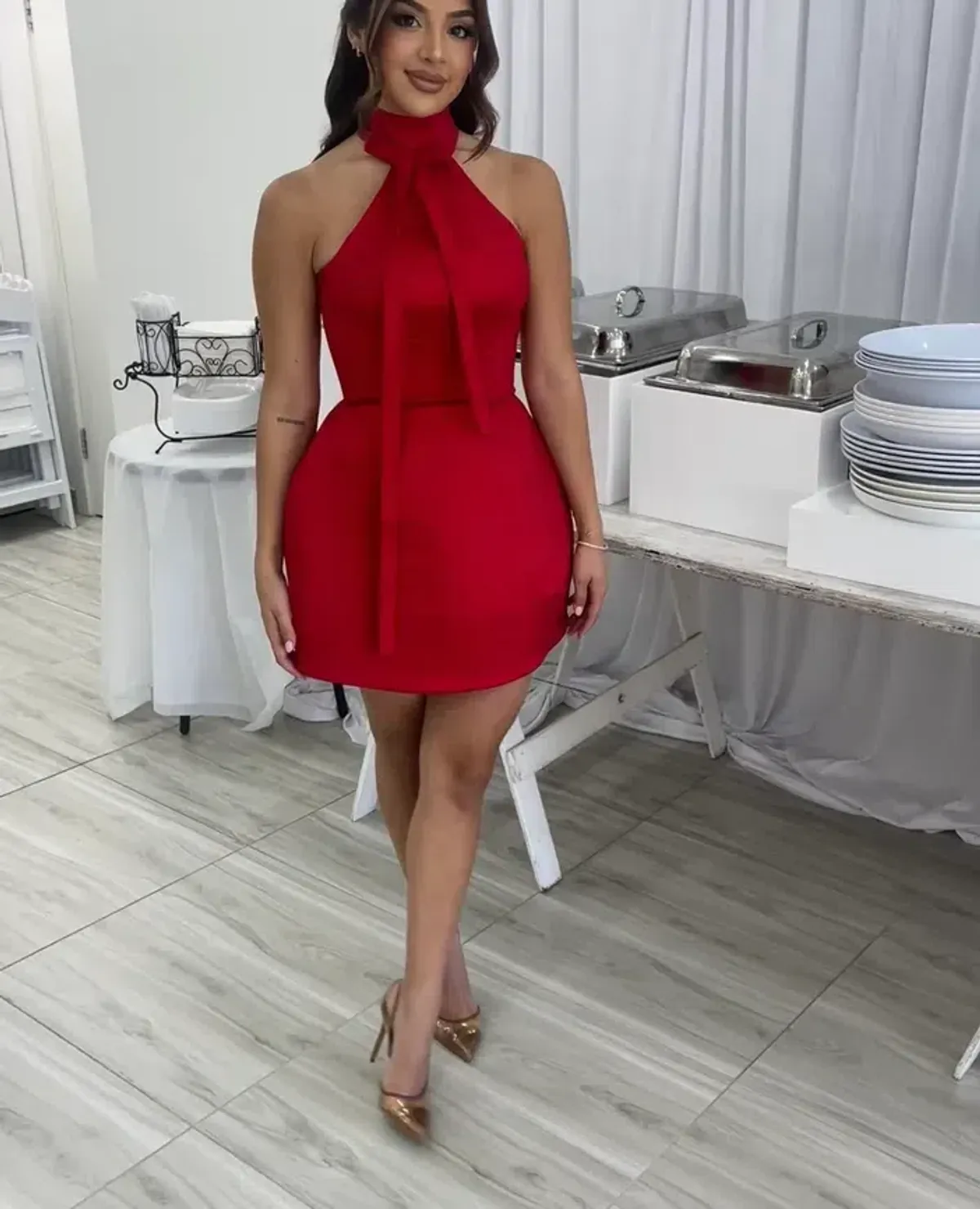 Gold Couture LS Halter Mini Dress Red Size S / AU 8 - Image 1