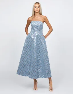 Bariano Zaharina Strapless Tea Midi Dress in Silver/Blue Size AU 6  for rent on The Volte - image 1