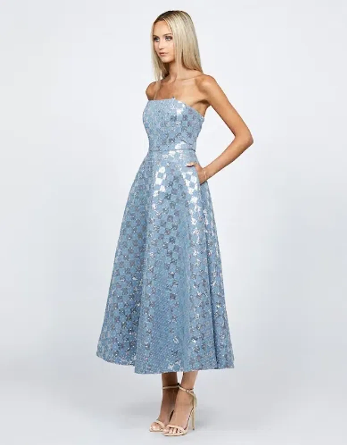 Bariano Zaharina Strapless Tea Midi Dress in Silver/Blue Size AU 6 - Image 2