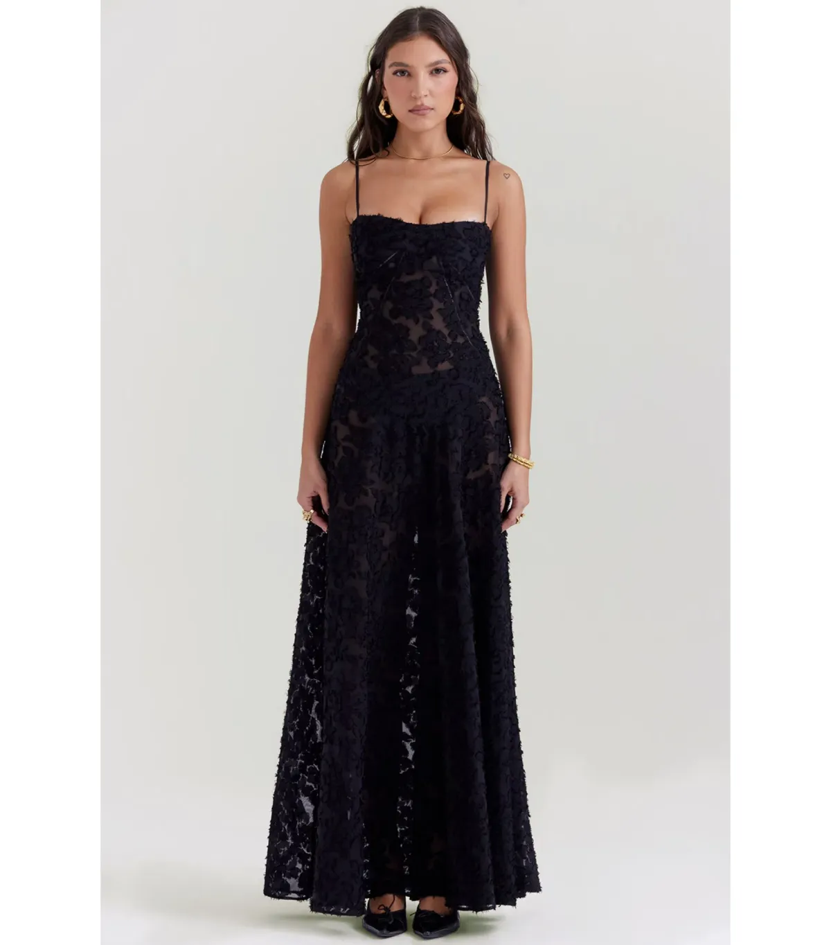 House Of CB Seren Floral Lace Back Maxi Dress Black Size AU 6 - Image 1