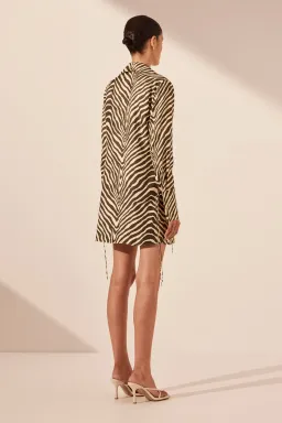Shona Joy Sana Silk Shirt Tie Mini Dress Bone/Chocolate Size 8 for rent on The Volte - image 3