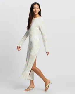 Third Form Open Back Bouquet Maxi Dress in White with Gold Flower  Size 6 for rent on The Volte - image 1