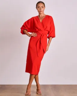 Pasduchas Emerson Drape Midi Dress Poppy Red Size 10 for rent on The Volte - image 1