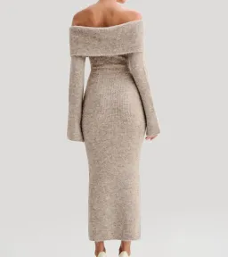 Meshki Baxter Off Shoulder Fluffy Knit Midi Dress Taupe Marle Size L / AU 12 for rent on The Volte - image 3