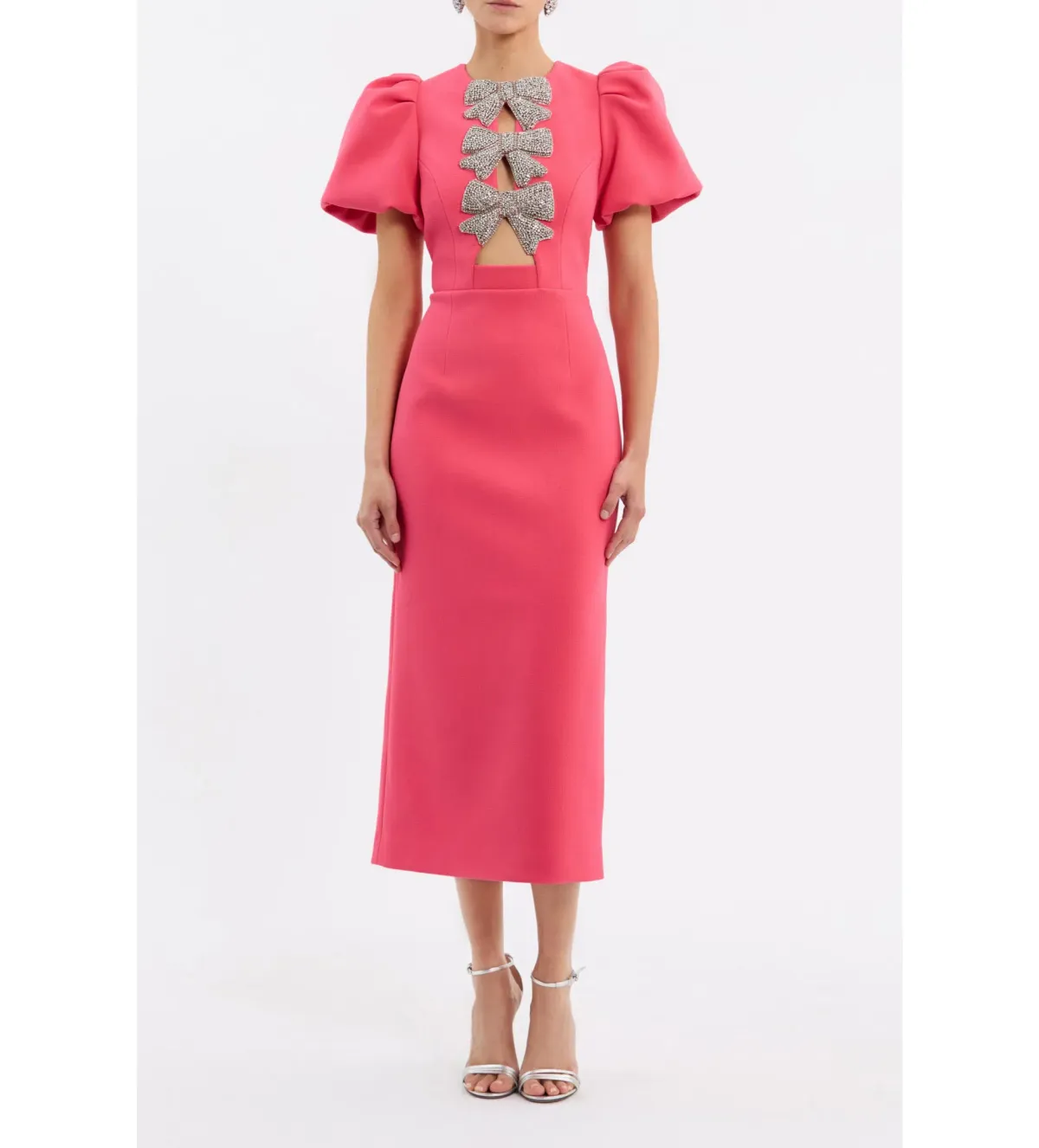 Rebecca Vallance Posey Puff Sleeve Midi Dress Pink Size 12 - Image 1
