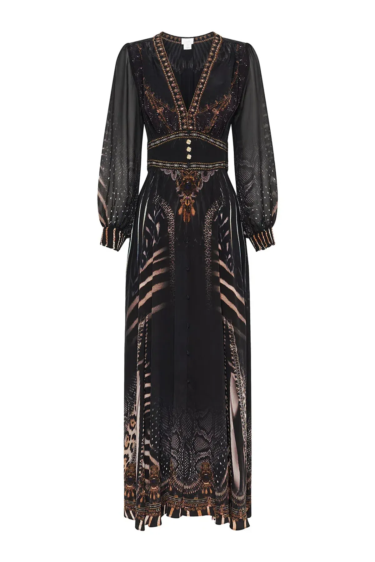 CAMILLA Silk Maxi Dress With Shaped Waistband Black Size S/Au 10 - Image 6