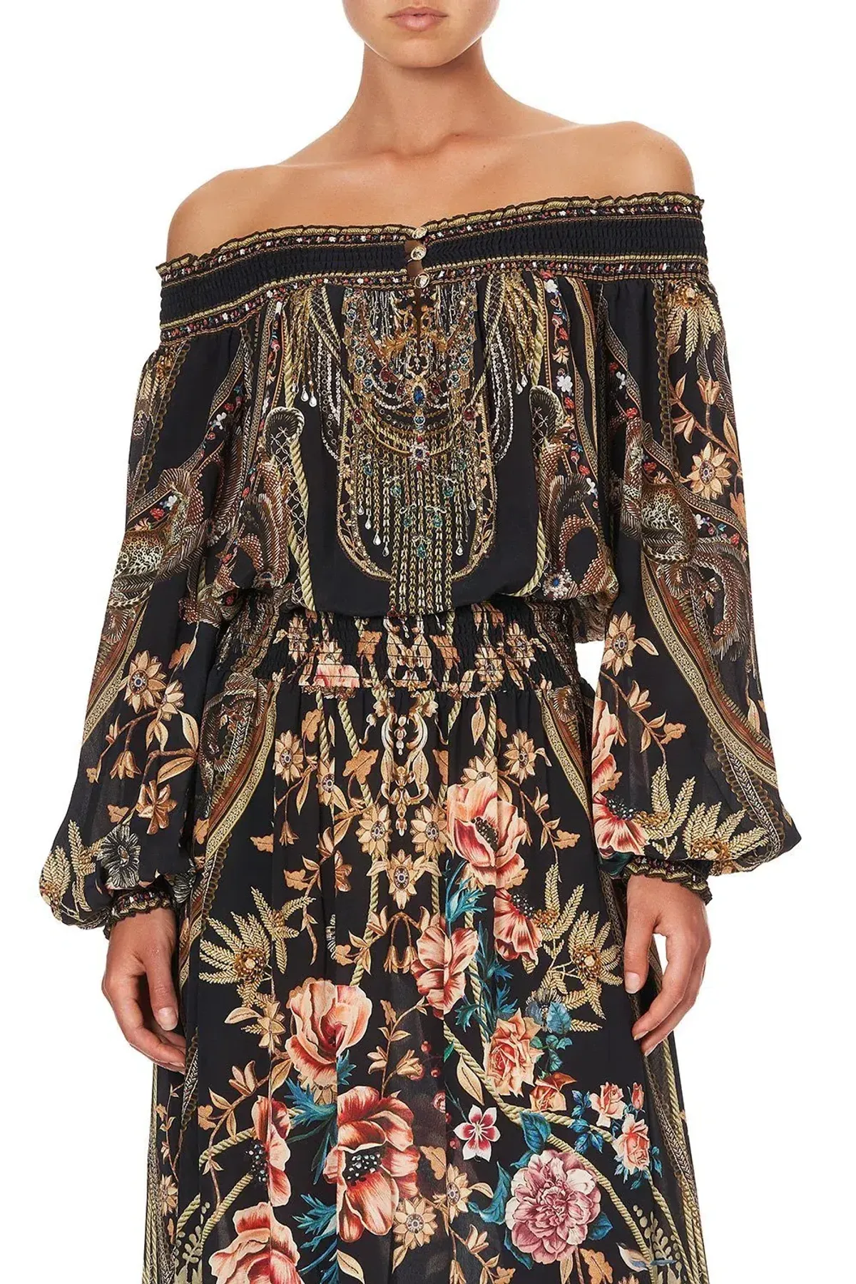 CAMILLA Off Shoulder Shirred Silk Maxi Dress Print Size S/Au 10 - Image 7