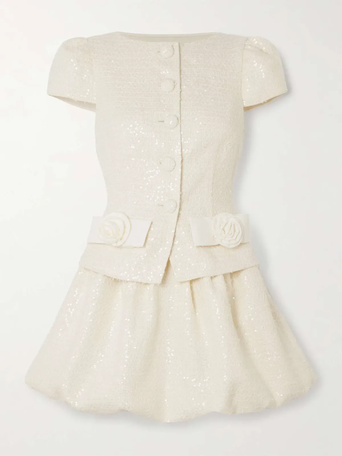 Self Portrait Embellished Sequined Bouclé Mini Dress Cream Size 8 - Image 1
