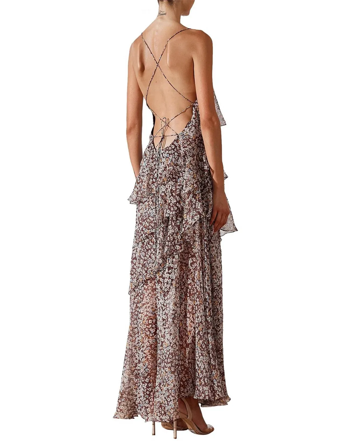 Shona Joy Garner Cross Back Tiered Maxi Dress Retro Ditsy Floral Print In Chocolate Size 6 - Image 4