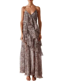 Shona Joy Garner Cross Back Tiered Maxi Dress  Retro Ditsy Floral Print In Chocolate Size 6 for rent on The Volte - image 1