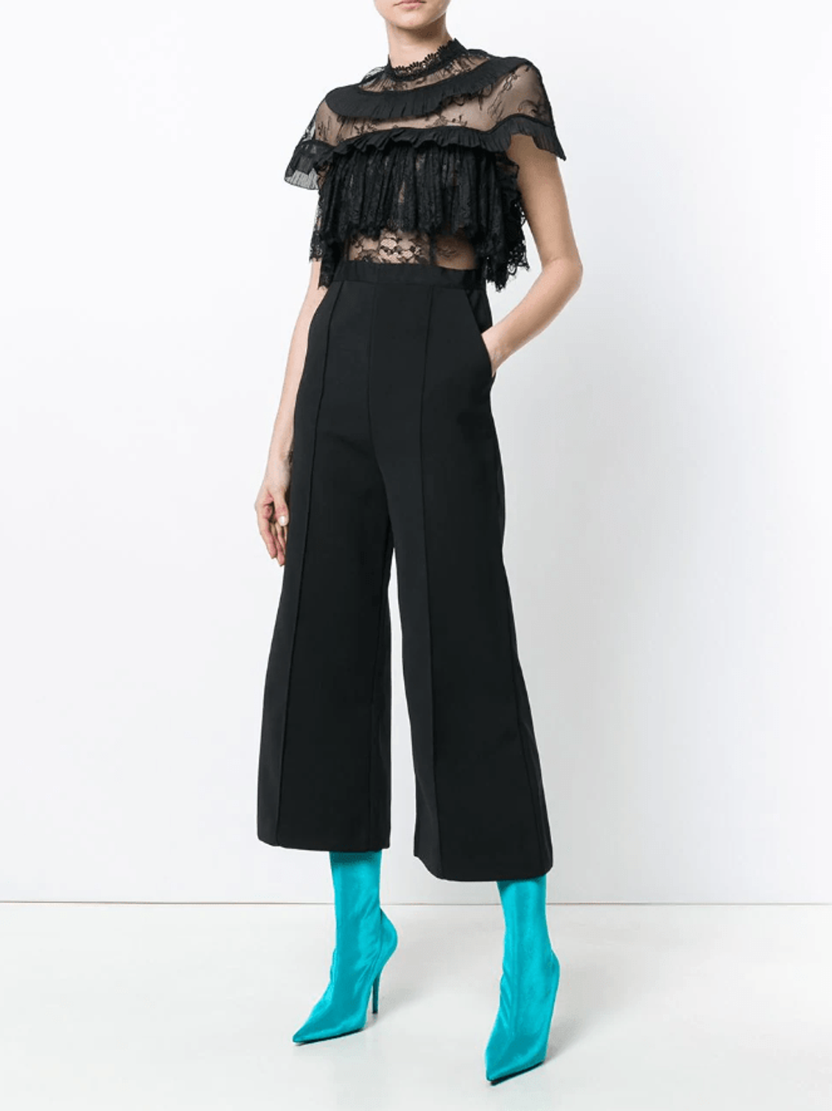 Self Portrait - Ruffle Trim Flared Jumpsuit Black Size 6 - Image 1