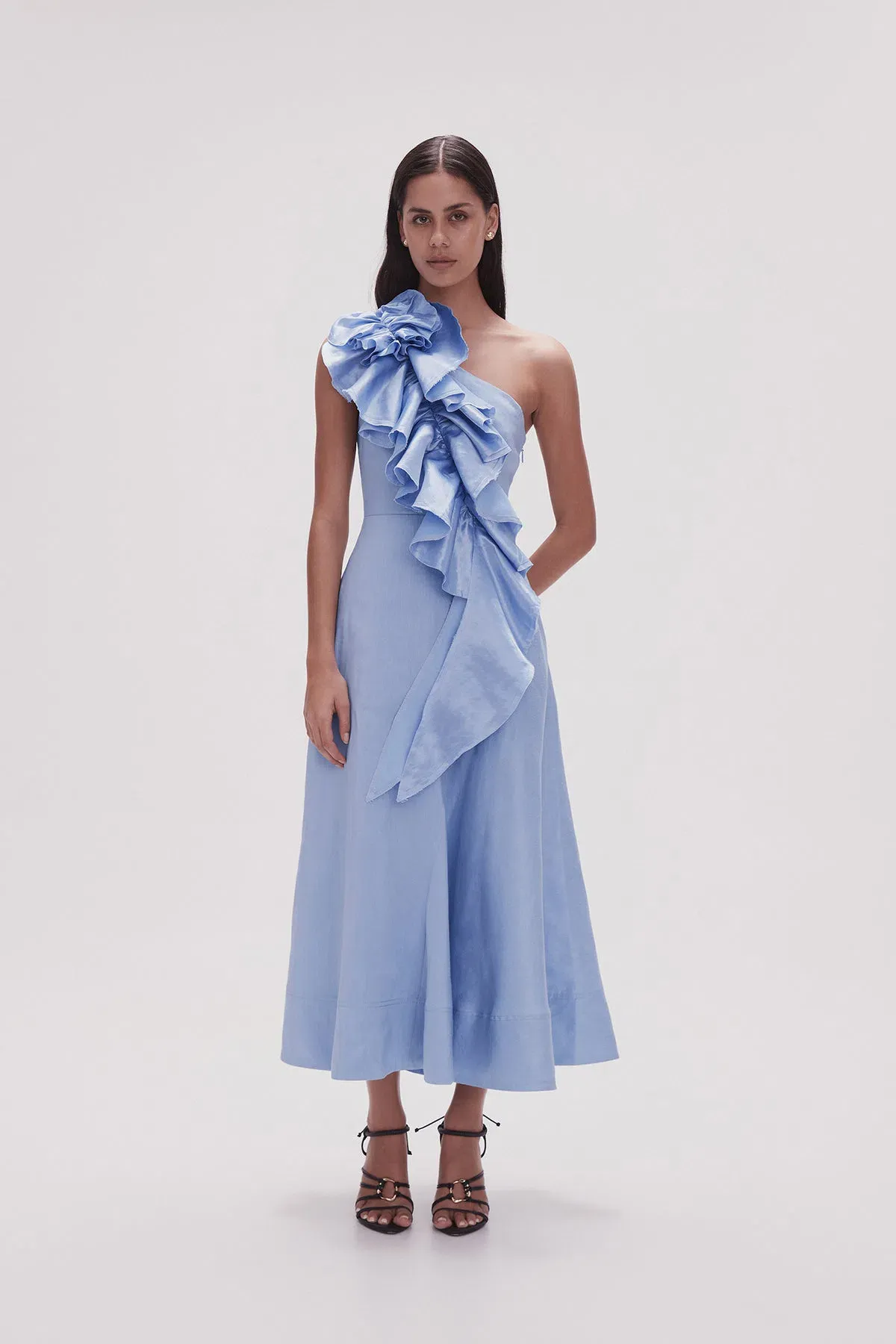 Aje Adelia Ruffle Midi Dress Blue Size AU 8 - Image 1