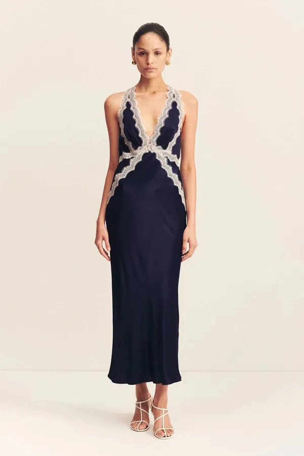 Shona Joy Camille Lace Cross Back Midi Dress Navy Size 8 - Image 1