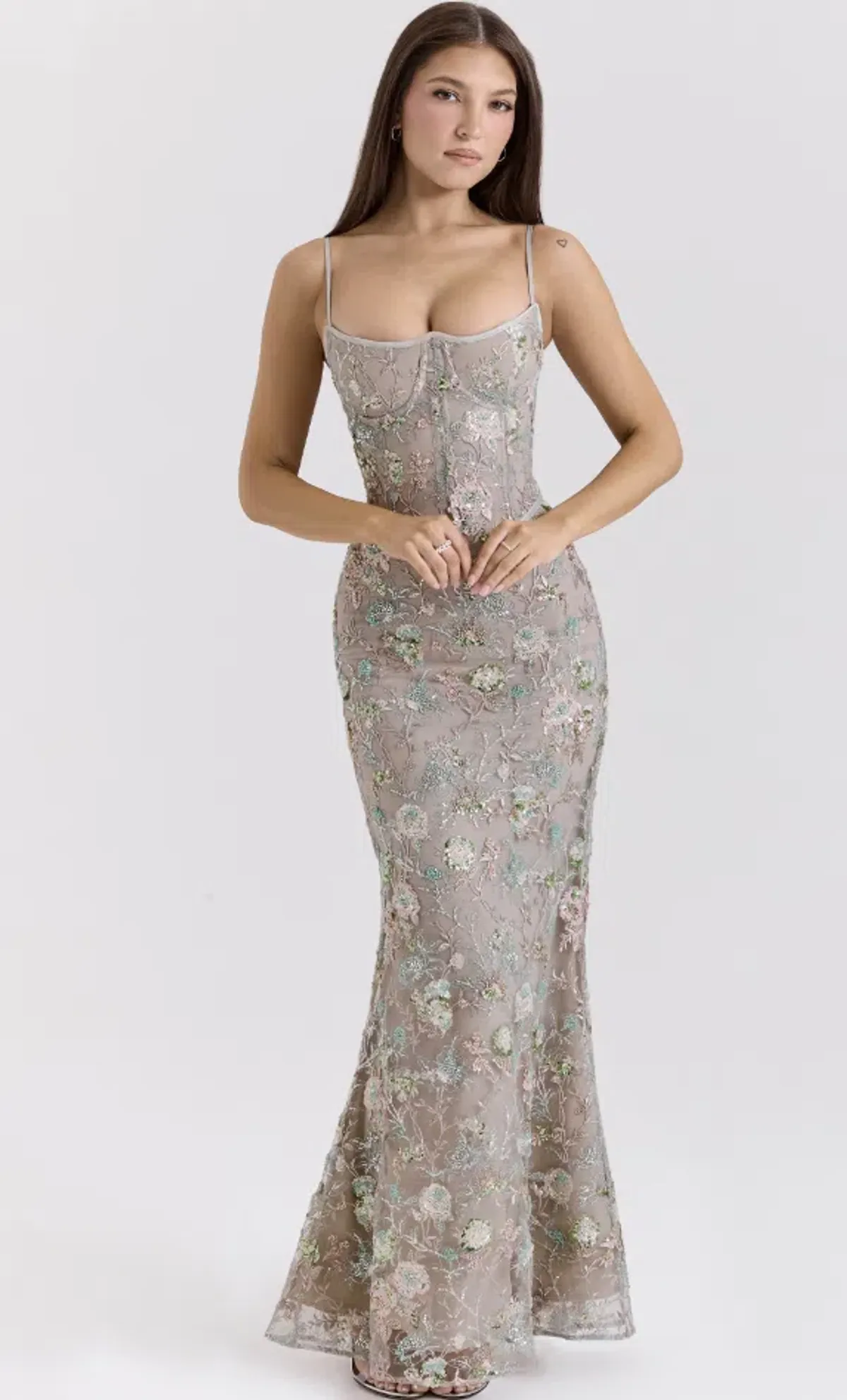 House of CB Naima Silver Embellished Beaded Corset Maxi Dress Regular Cup Size 8 - Image 1