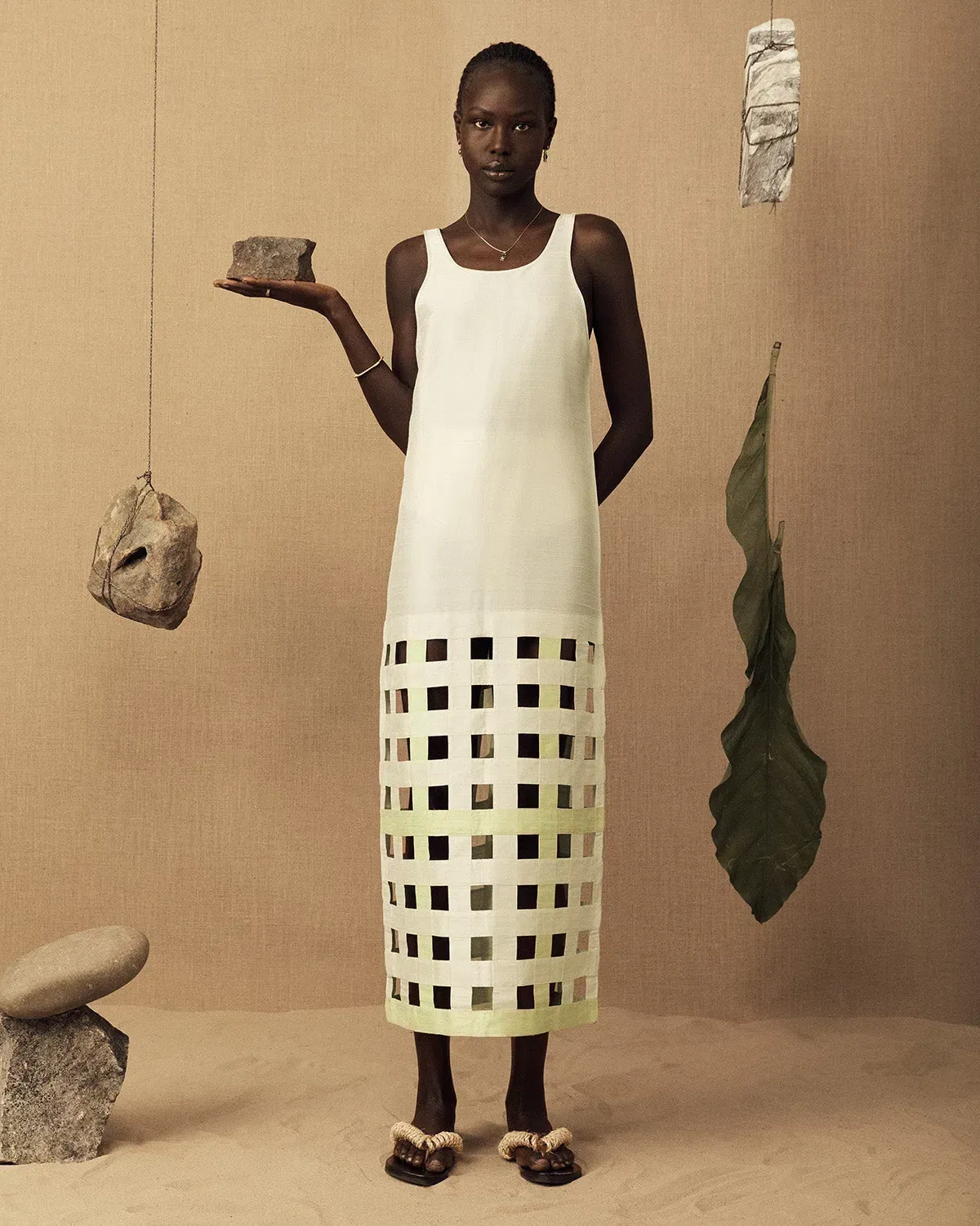 Lucy Folk Silk Long Grid Dress White Size 2/Au 10/Medium - Image 1