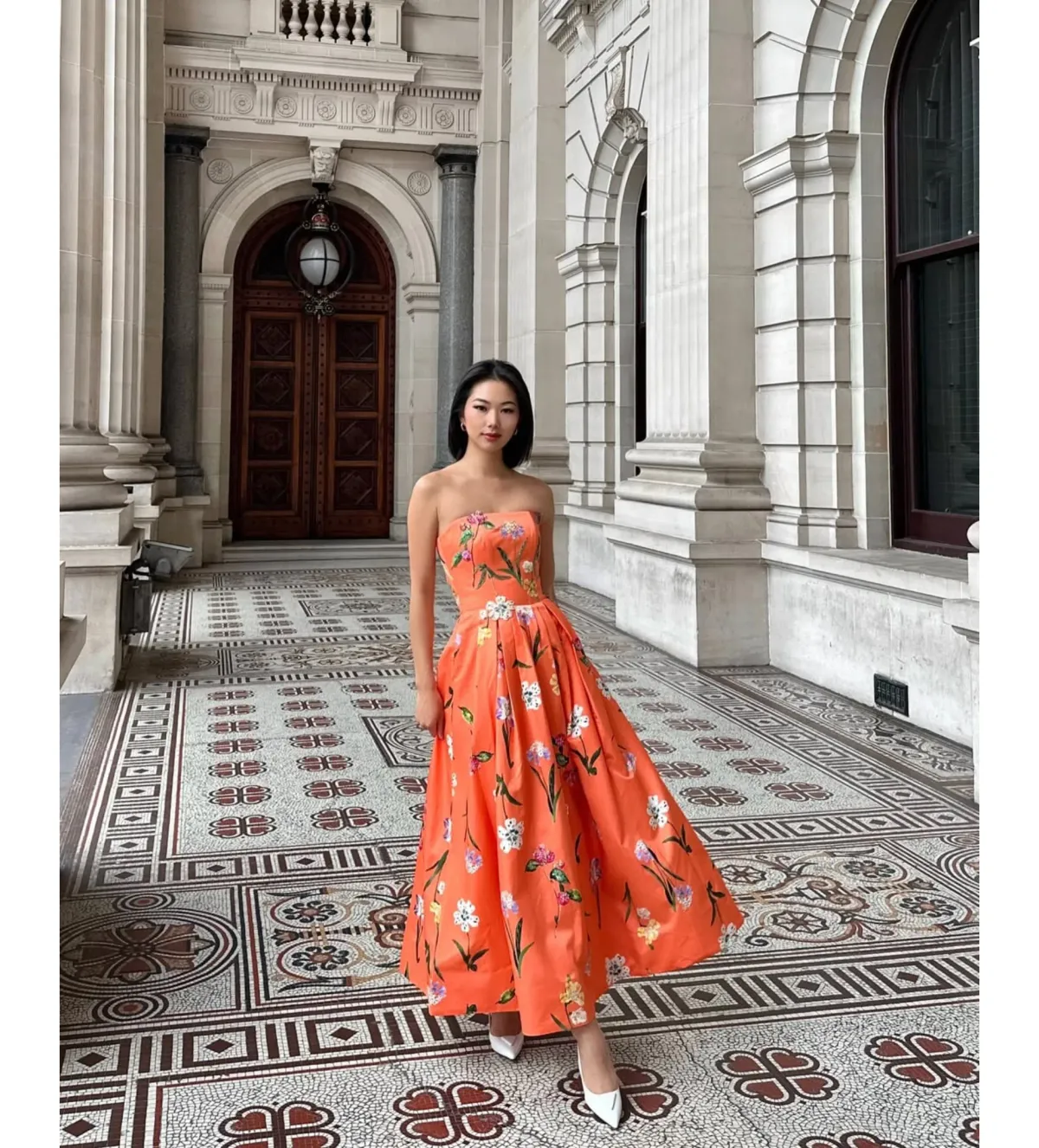 Leo Lin Lynn Bustier Midi Dress Coral Floral Size 10 - Image 1