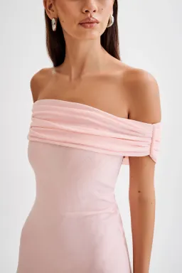 Meshki Audrey Off Shoulder Mesh Maxi Dress Pale Pink Size 12 for rent on The Volte - image 2