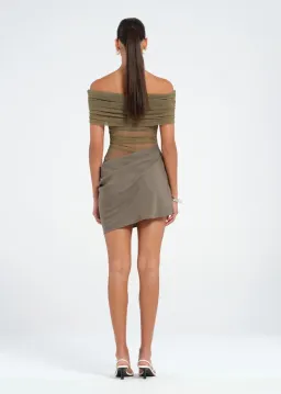 Benni Nico Off Shoulder Mini Dress Khaki Size 10 for rent on The Volte - image 2