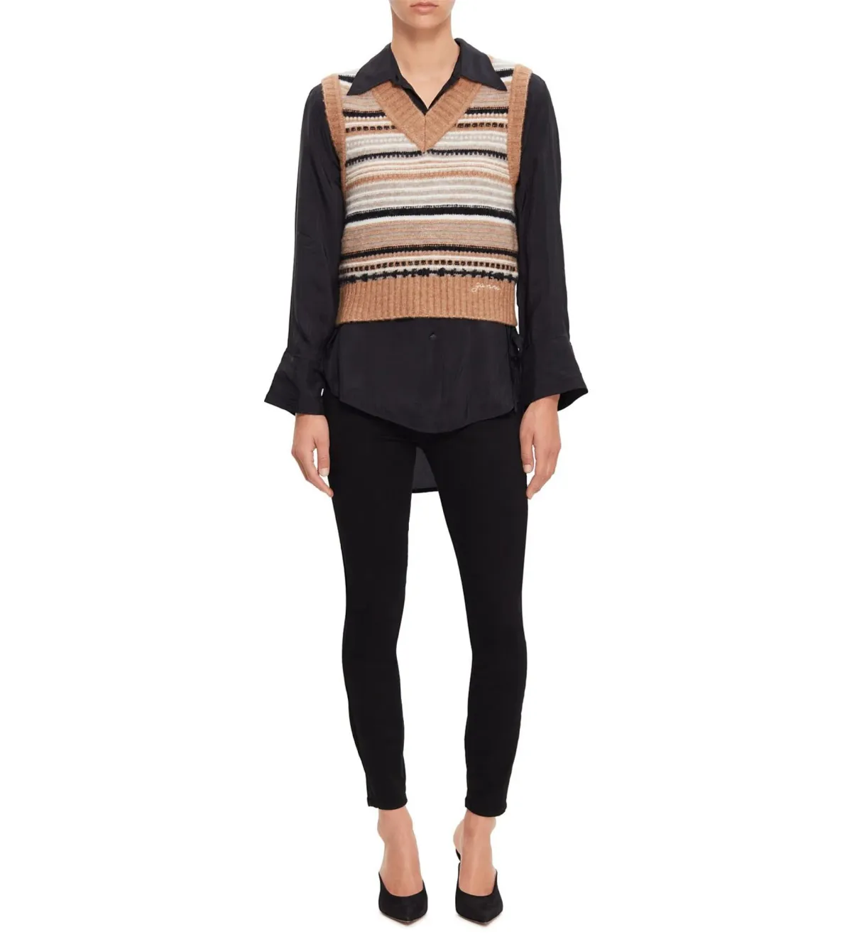 Ganni V-Neck Soft Wool Stripe Sleeveless Vest Size L/ AU 12  - Image 3