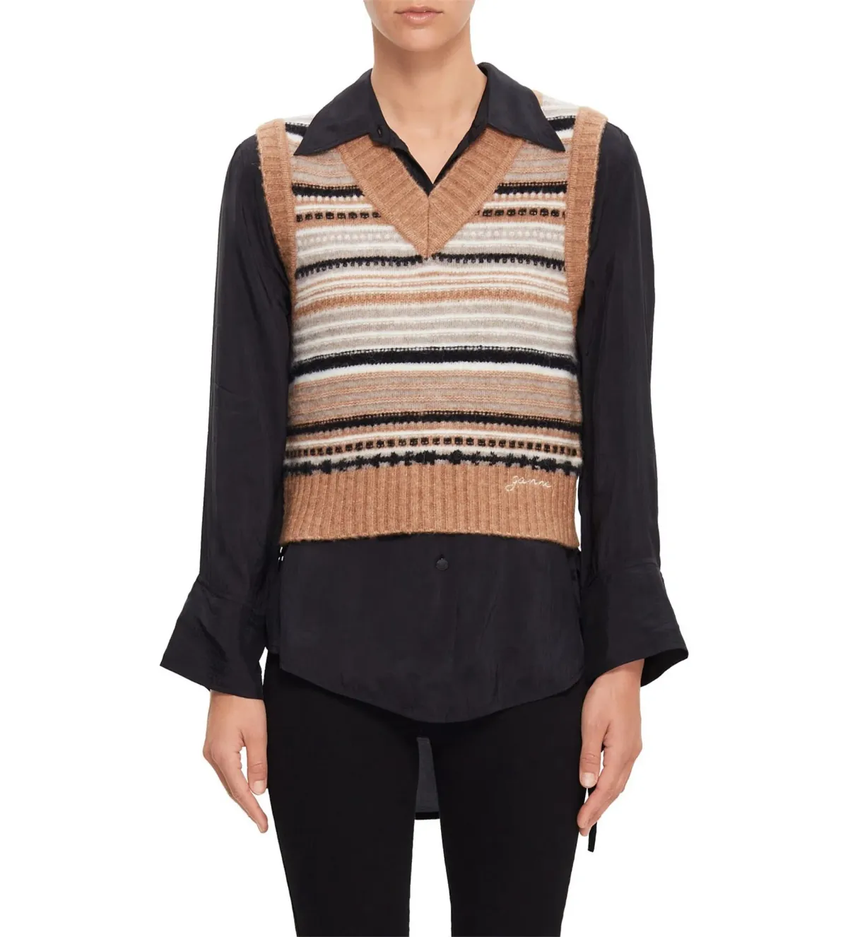 Ganni V-Neck Soft Wool Stripe Sleeveless Vest Size L/ AU 12  - Image 1