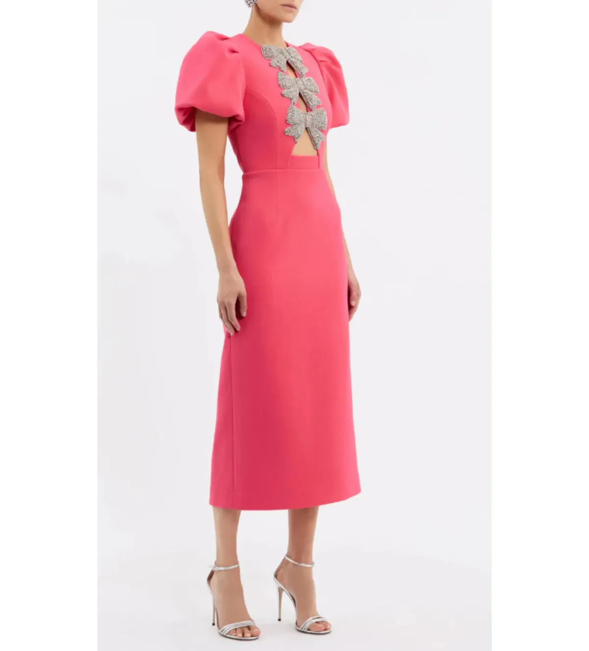 Rebecca Vallance Posey Puff Sleeve Midi Dress Pink Size AU 10 - Image 2