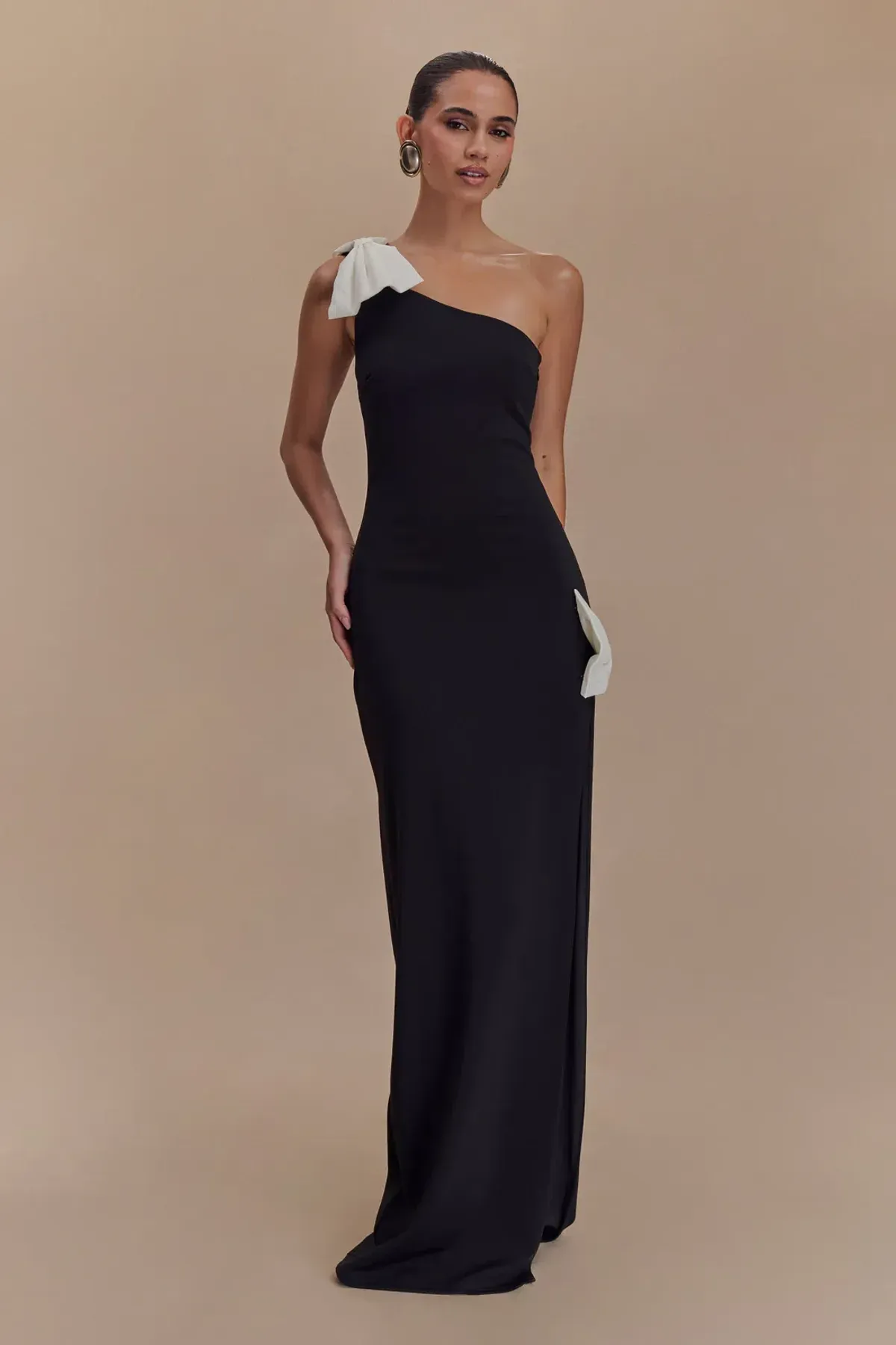 Meshki Hallie One Shoulder Bow Maxi Dress Black/White Size 8 - Image 4