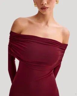 Meshki Josie Off Shoulder Mesh Maxi Dress Burgundy Size 10 for rent on The Volte - image 3