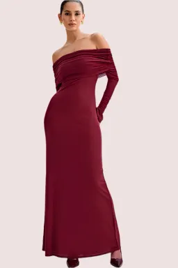 Meshki Josie Off Shoulder Mesh Maxi Dress Burgundy Size 10 for rent on The Volte - image 1
