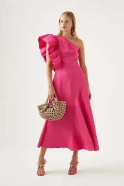 Aje Bonjour Asymmetric Midi Dress Pink Size AU 8 for rent on The Volte - image 2