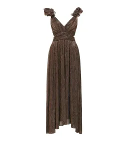 Selena Plisse Ruffle Shoulder Maxi Dress Brown Size 10  for rent on The Volte - image 4