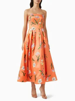 Leo Lin Lynn Bustier Midi Dress in Wild Flower in Coral Size 8 for rent on The Volte - image 5