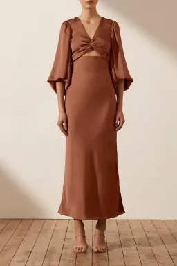 Shona Joy Luxe Front Twist Midi Dress Brown Size 10 for rent on The Volte - image 1