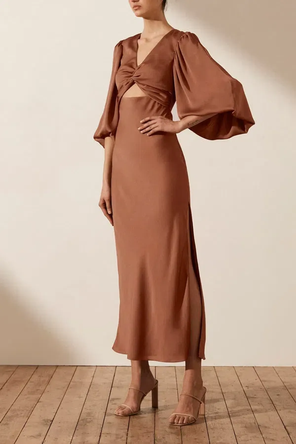 Shona Joy Luxe Front Twist Midi Dress Brown Size 10 - Image 2