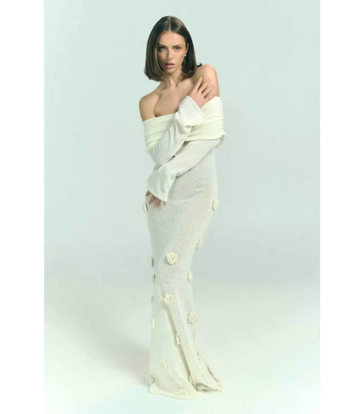 Meshki Kiki Off Shoulder Knit Rose Maxi Dress Ivory Size AU 14 - Image 4