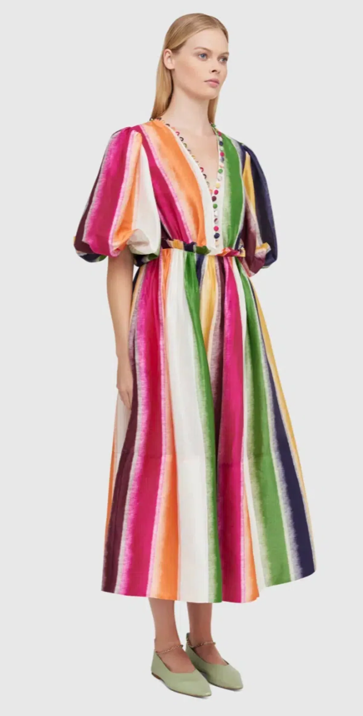 Leo Lin Fortune Stripe Silk Linen Midi Dress Size AU 12 - Image 1