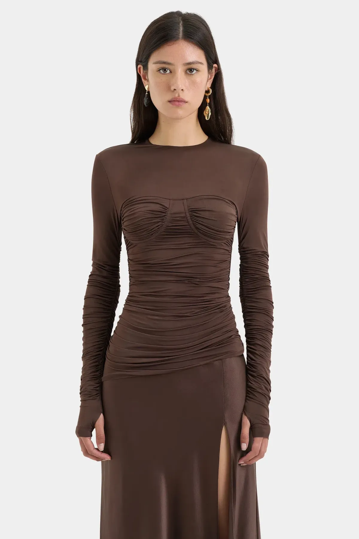 Sir Alessia Draped Jersey Satin Maxi Gown Brown Size 8 - Image 4