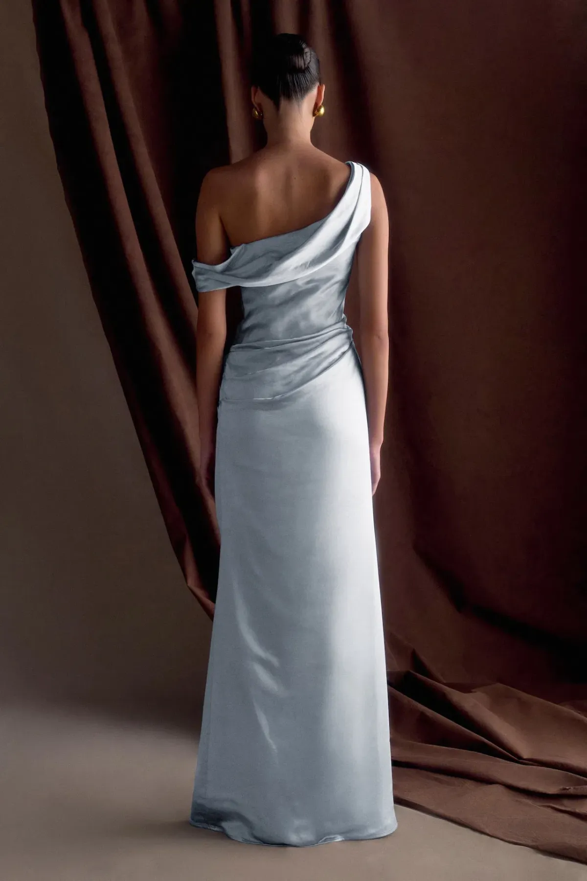 MESHKI Dalia Off Shoulder Satin Maxi Dress Frosted Blue Size 6 - Image 3