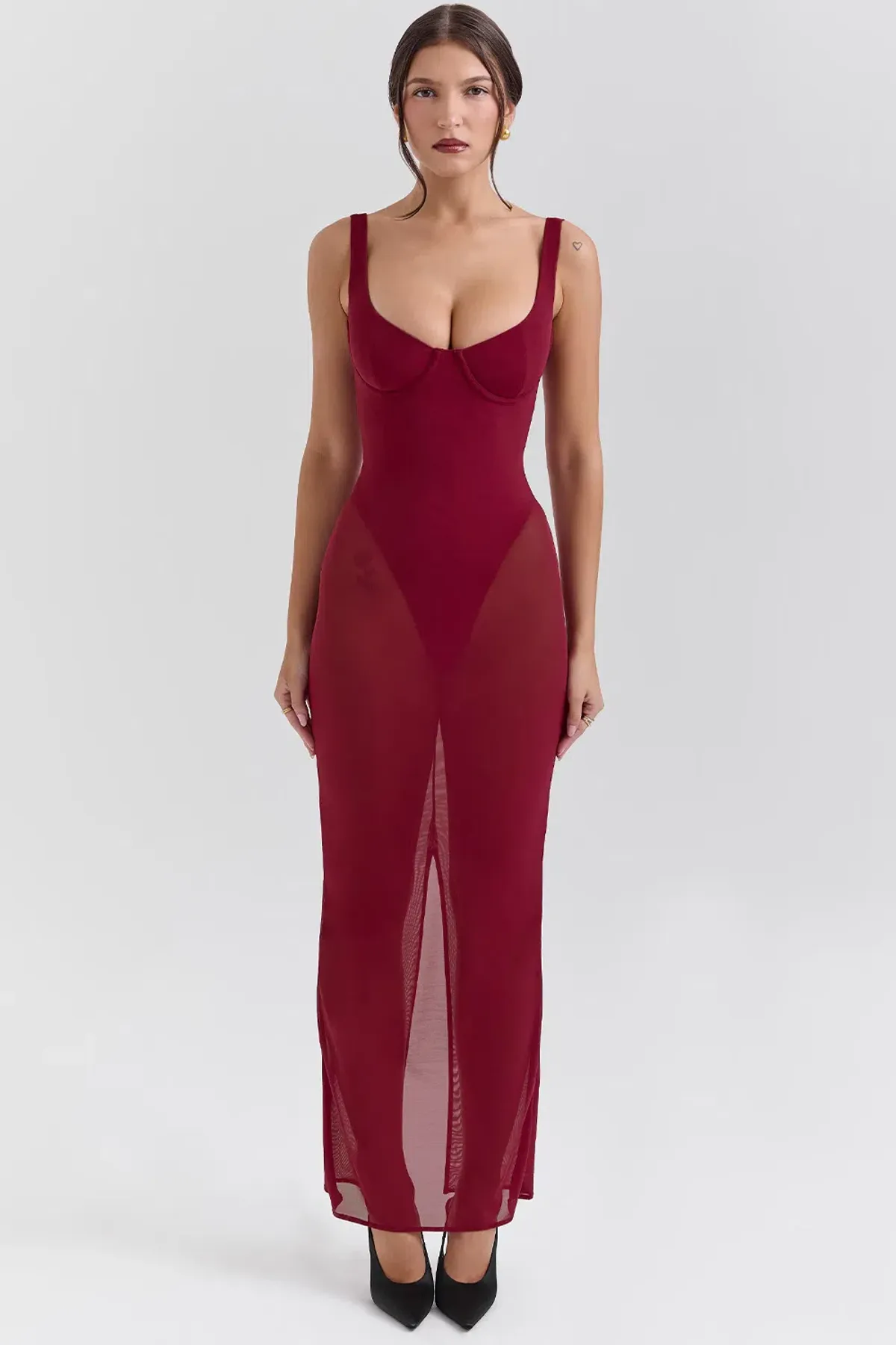 House of CB ROBINA Wine Stretch Mesh Maxi Dress in Burgundy size AU 6 - Image 1