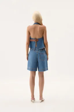Aje Longline Denim Halter Neck and Short Set Blue Size 6 for rent on The Volte - image 2