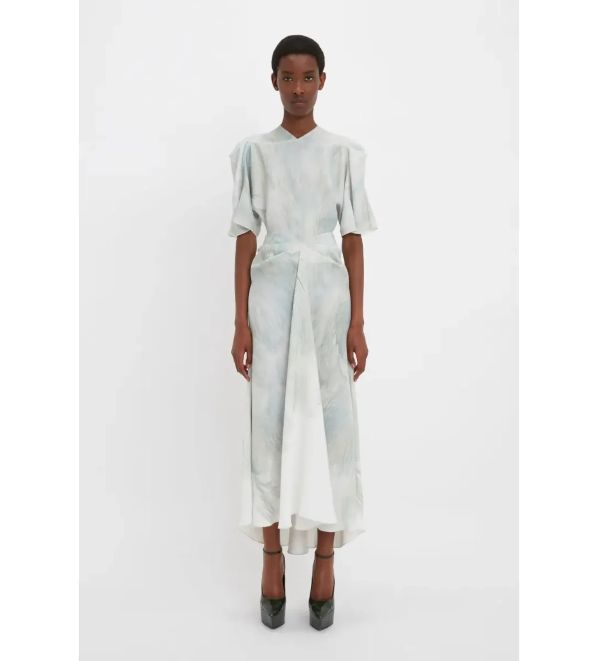 Victoria Beckham Drape Sleeve Midi Dress In White Digital Feather Print Size AU 8 - Image 1