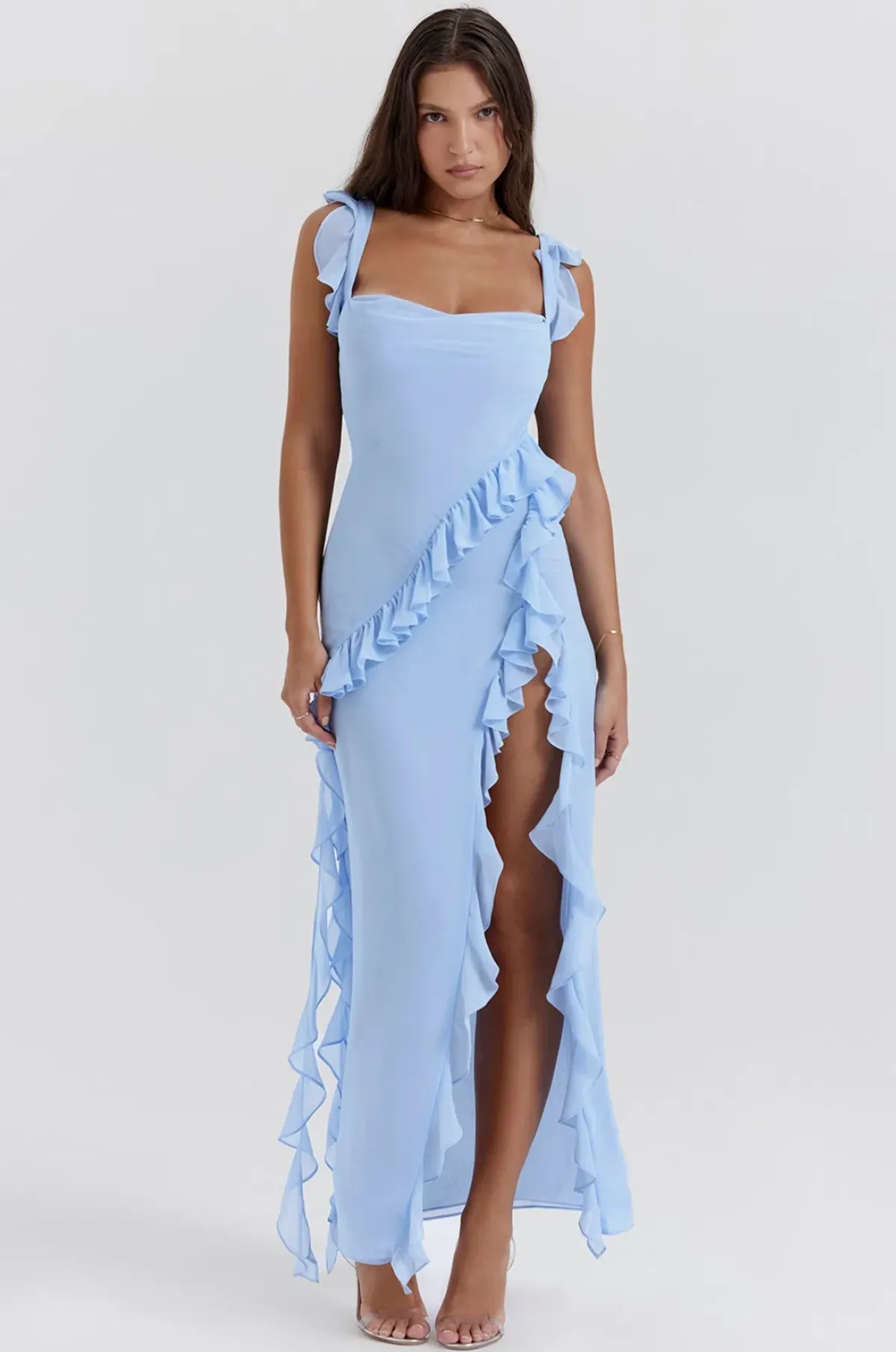 House of CB Ariela Soft Blue Ruffle Maxi Dress Blue Size L / Size AU 12 - Image 1