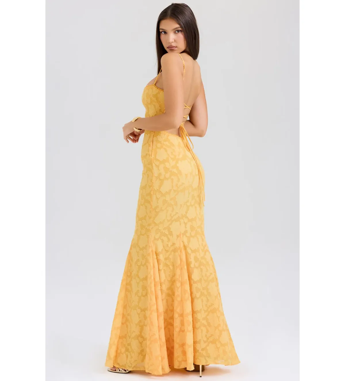 House of CB Joan Lace Up Back Maxi Dress Apricot Size XS/AU 6 - Image 3