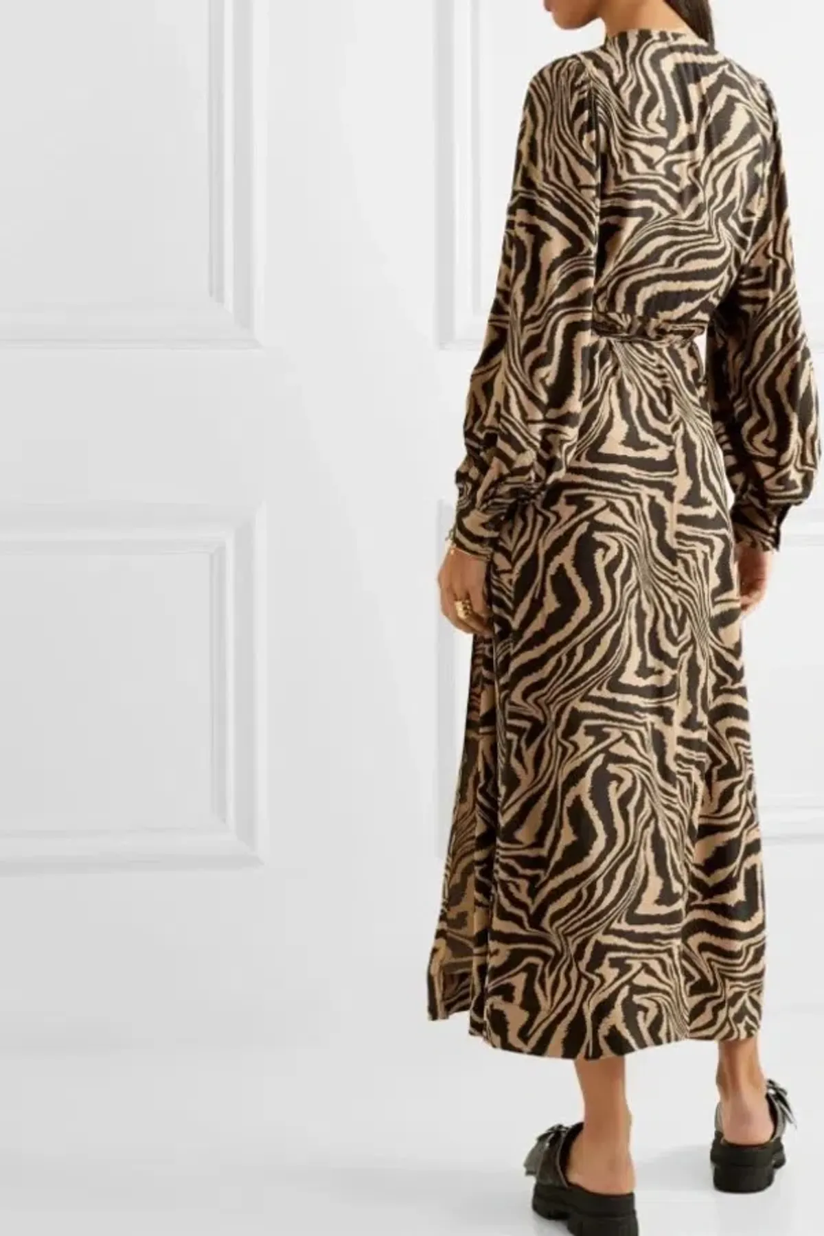 Ganni Tiger Print Midi Wrap Dress Animal Print Size AU 8 - Image 4