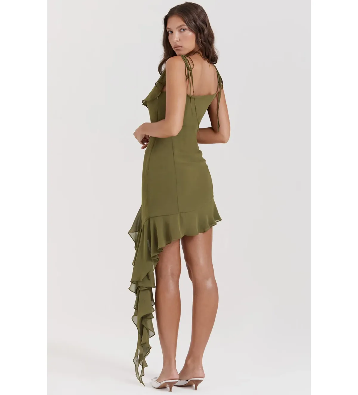House of CB Marcia Ruffle Mini Dress Olive Size S/AU 8 - Image 3