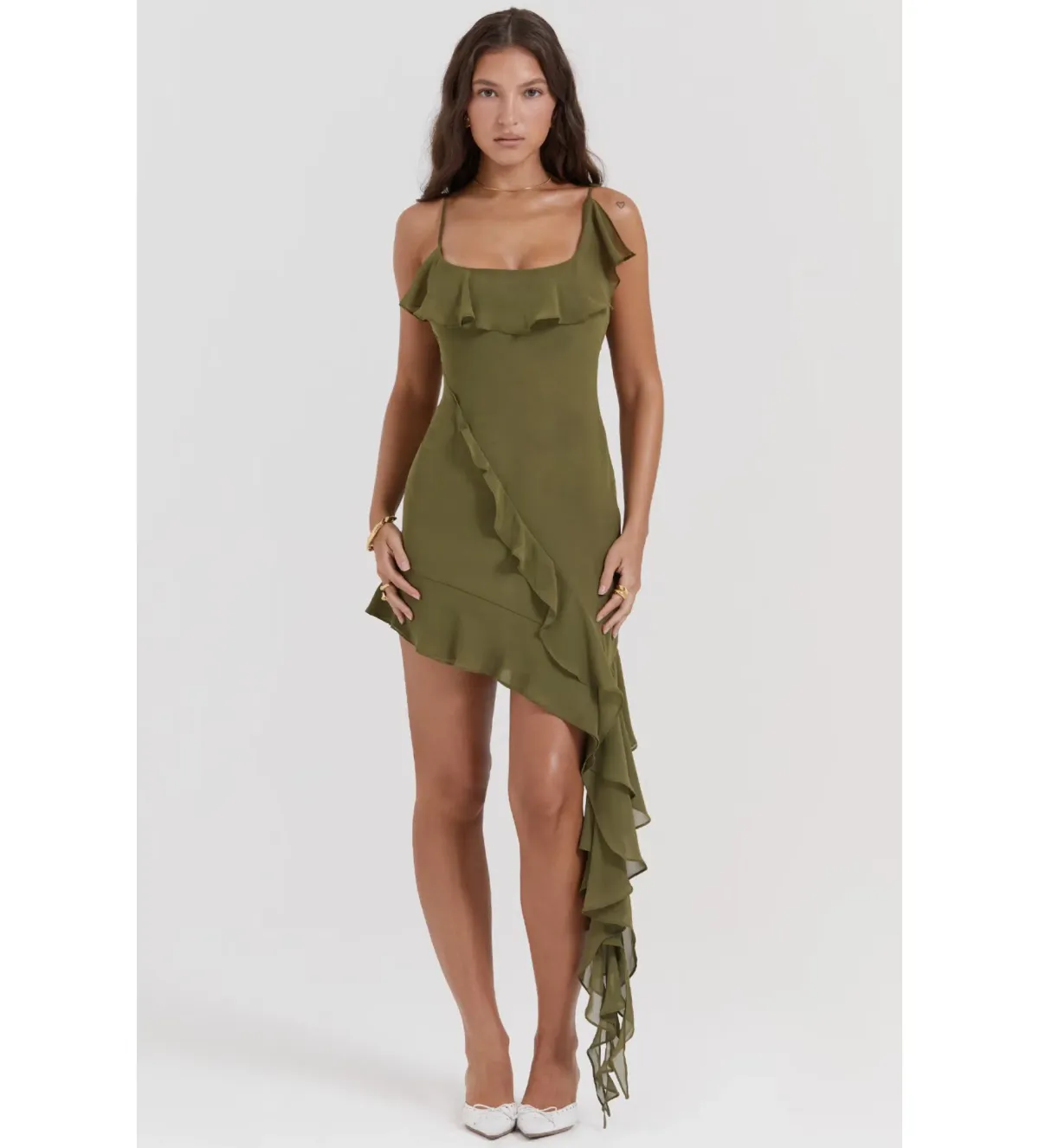House of CB Marcia Ruffle Mini Dress Olive Size S/AU 8 - Image 1