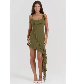 House Of Cb Marcia Ruffle Mini Dress Olive Size M /Au 10  for rent on The Volte - image 1